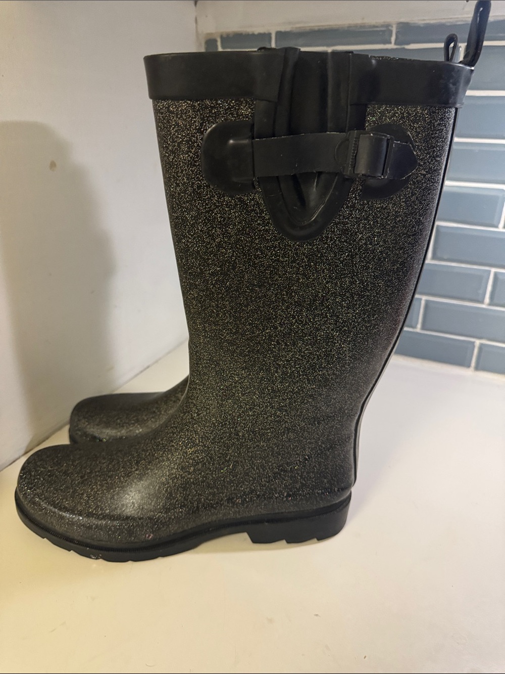 Capelli of New York Black Glitter Knee-High Rain Boots